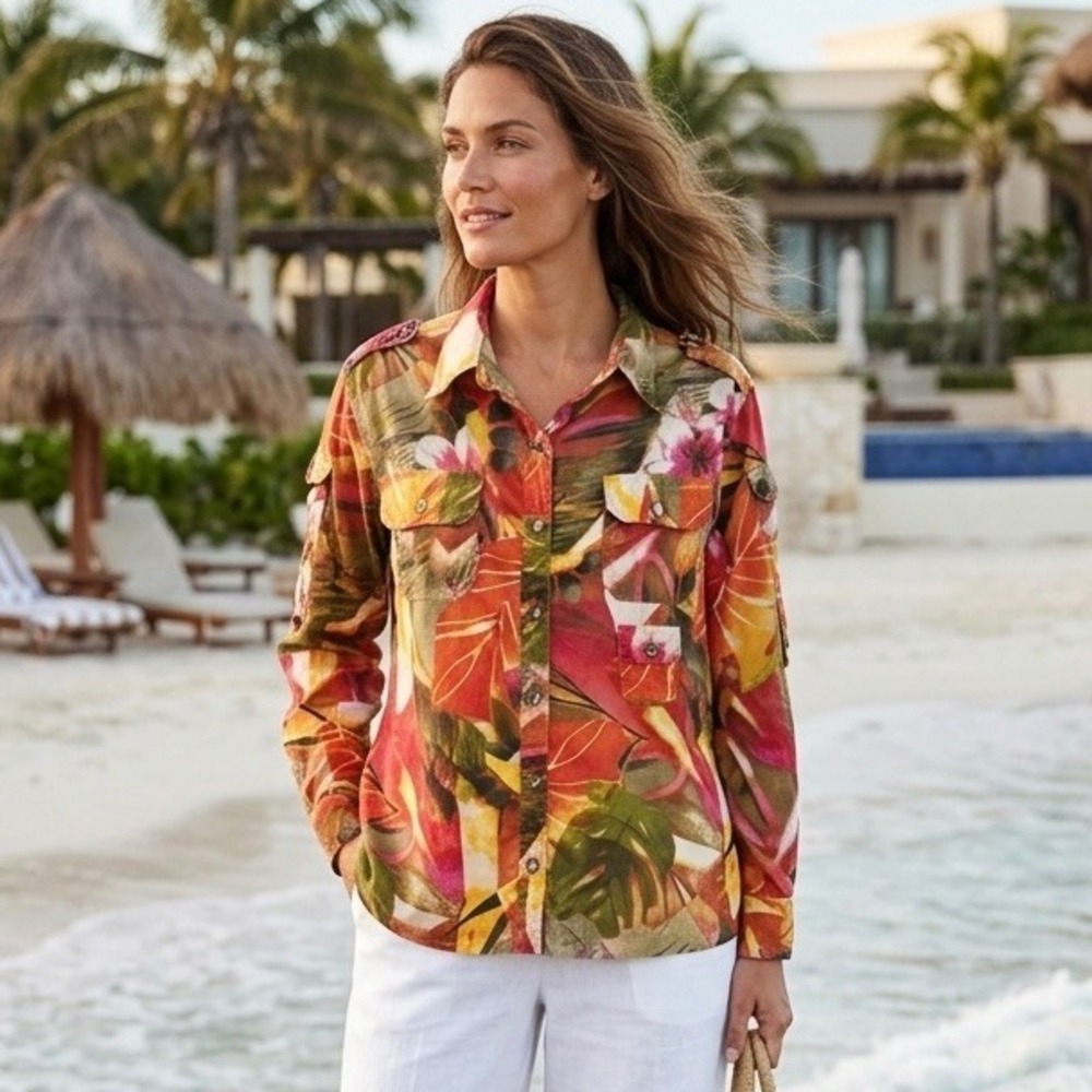 Chico's Size 1 / M Cotton Tropical Floral Safari Button Down Shirt Red‎ Multi